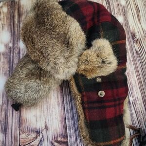 Mad Bomber Trapper Rabbit Fur Hat Aviator Fargo Plaid Wool Hunting Cap LL Bean M